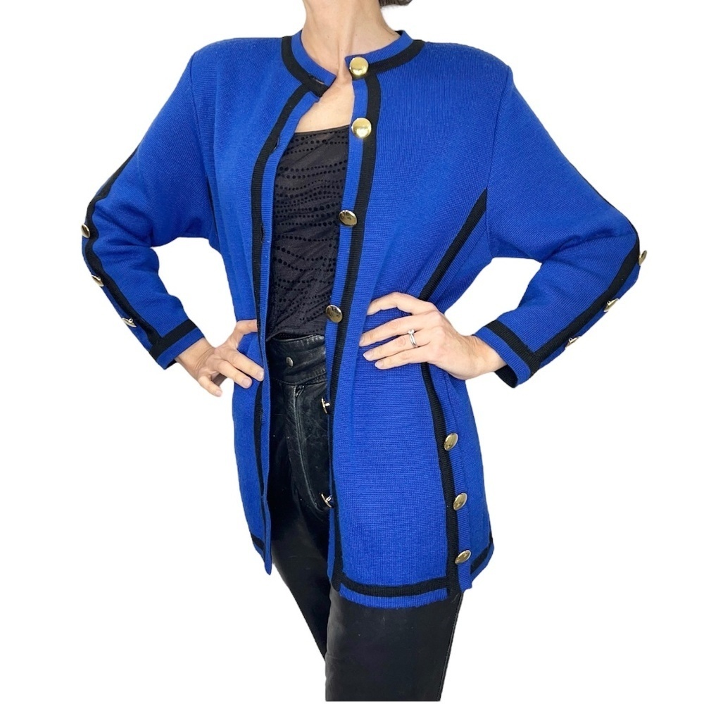 Vintage 80s Creazione Loreani royal blue black gold tunic cardigan sweater
